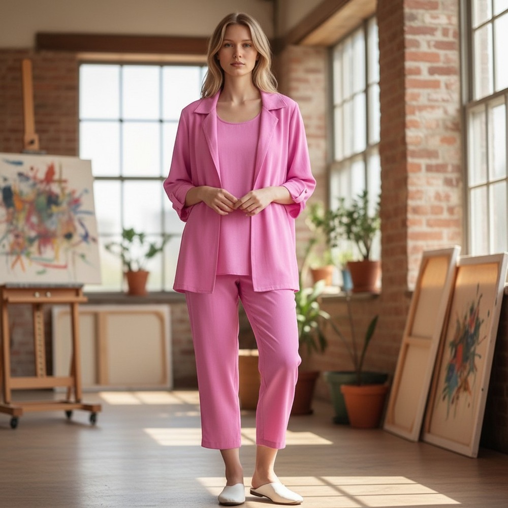 Maggie Sweet 3 Piece Pant Set Women 1X Pink Shirt Tank Trousers Travel Outfit